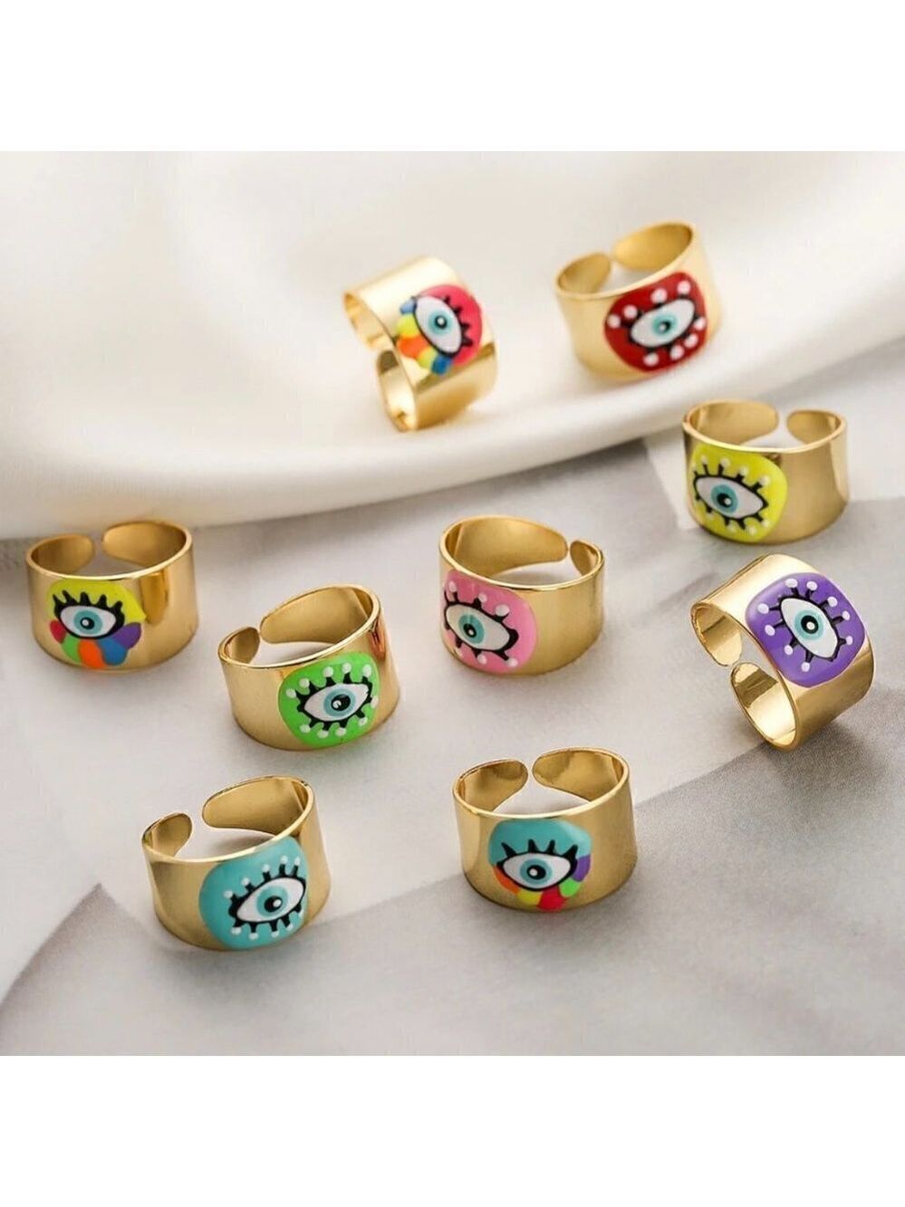 Boho Evil Eye Enamel and Copper Adjustable Ring #1300 NEON GREEN - Picture 3 of 14
